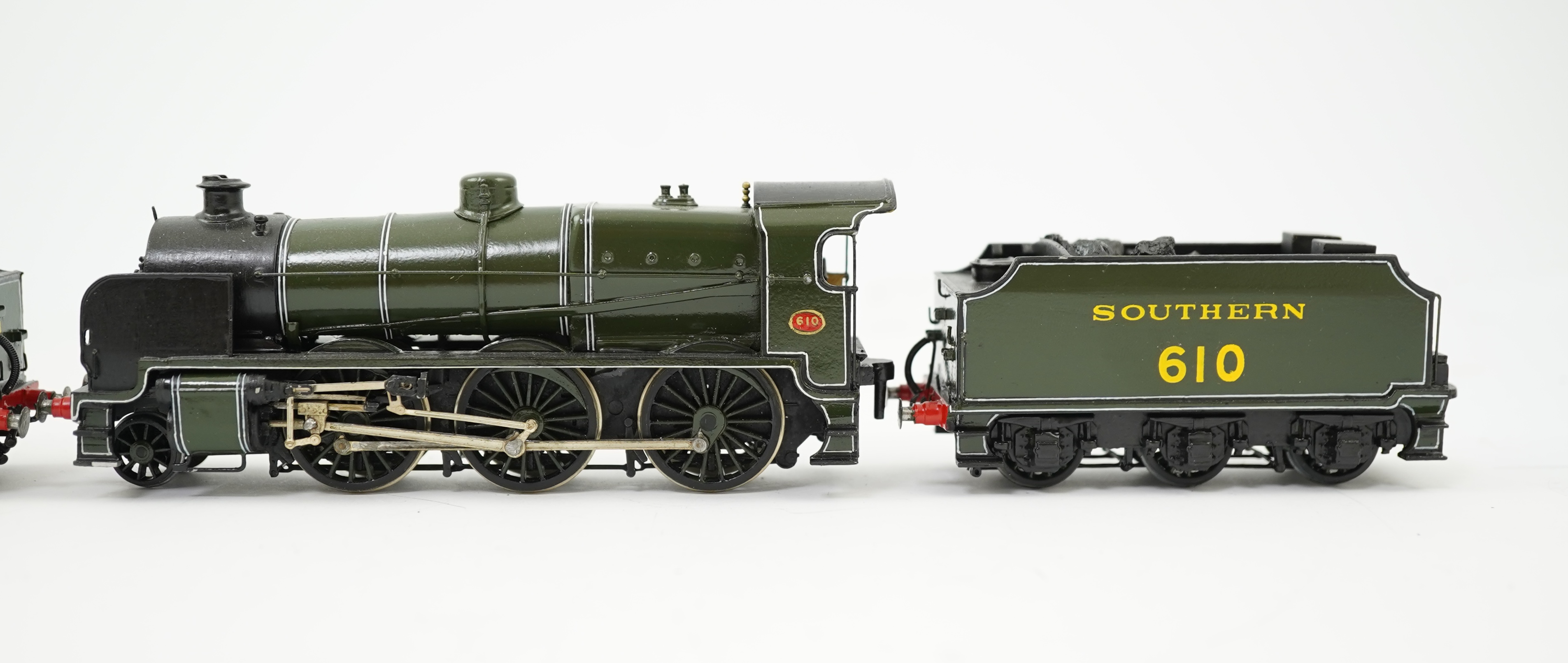 Two 00 gauge brass and white metal kit built Maunsell designed Southern Railway tender locomotives; a class U1 2-6-0, 1901, together with a class U 2-6-0, 610, constructed, painted and lined to a high standard, both moto